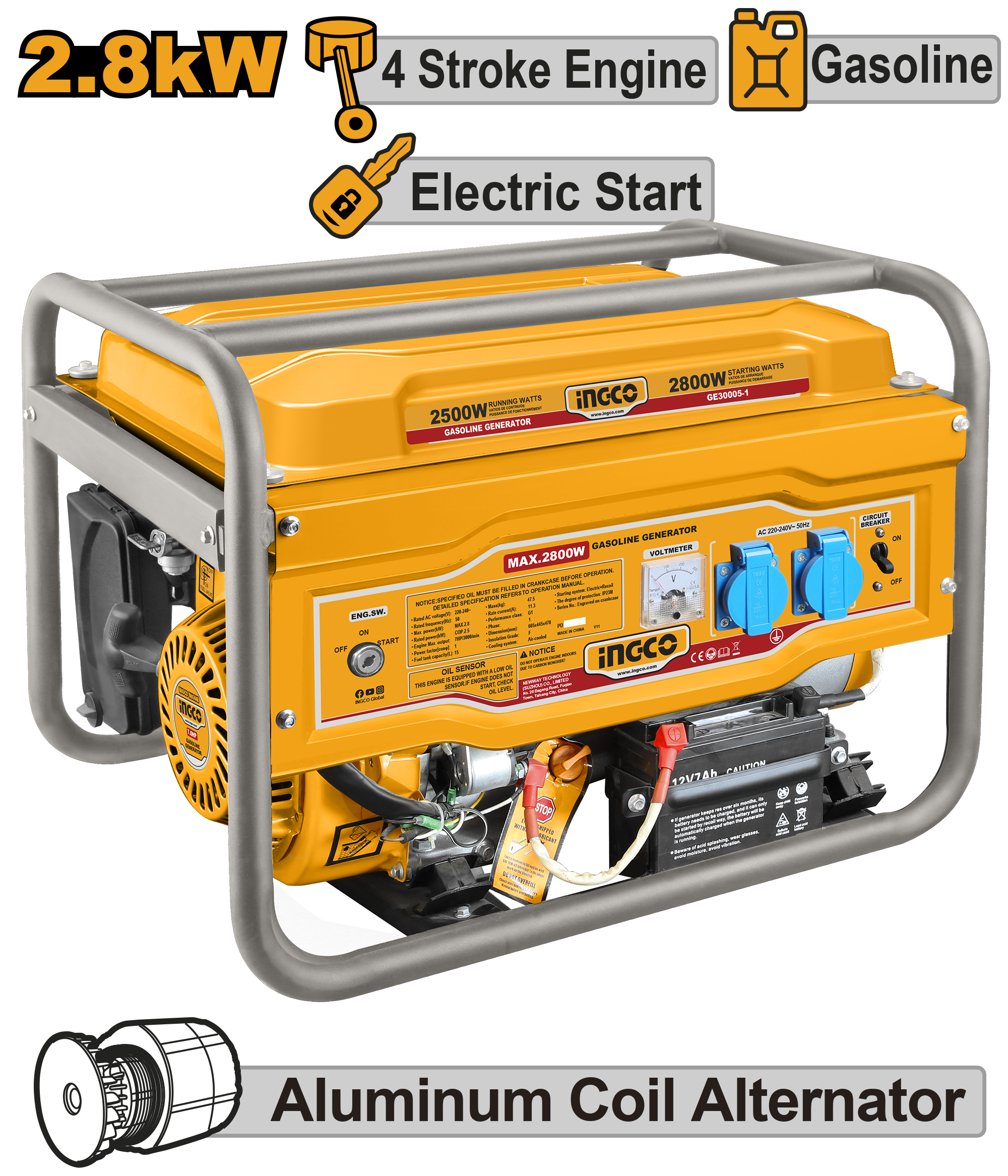 GROUPE ELECTROGENE 3KVA AVEC DEMARAGE A CLE ESSENCE 2.8KW - 4HP, 240 GE300051